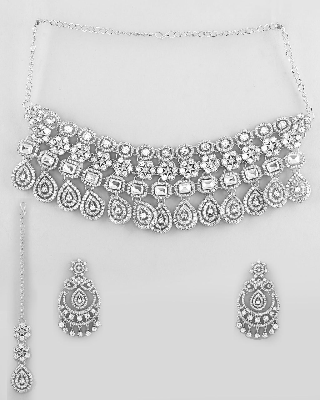 VOJ Silver Plated AD Studded Necklace With Earrings And Mangtikka Set