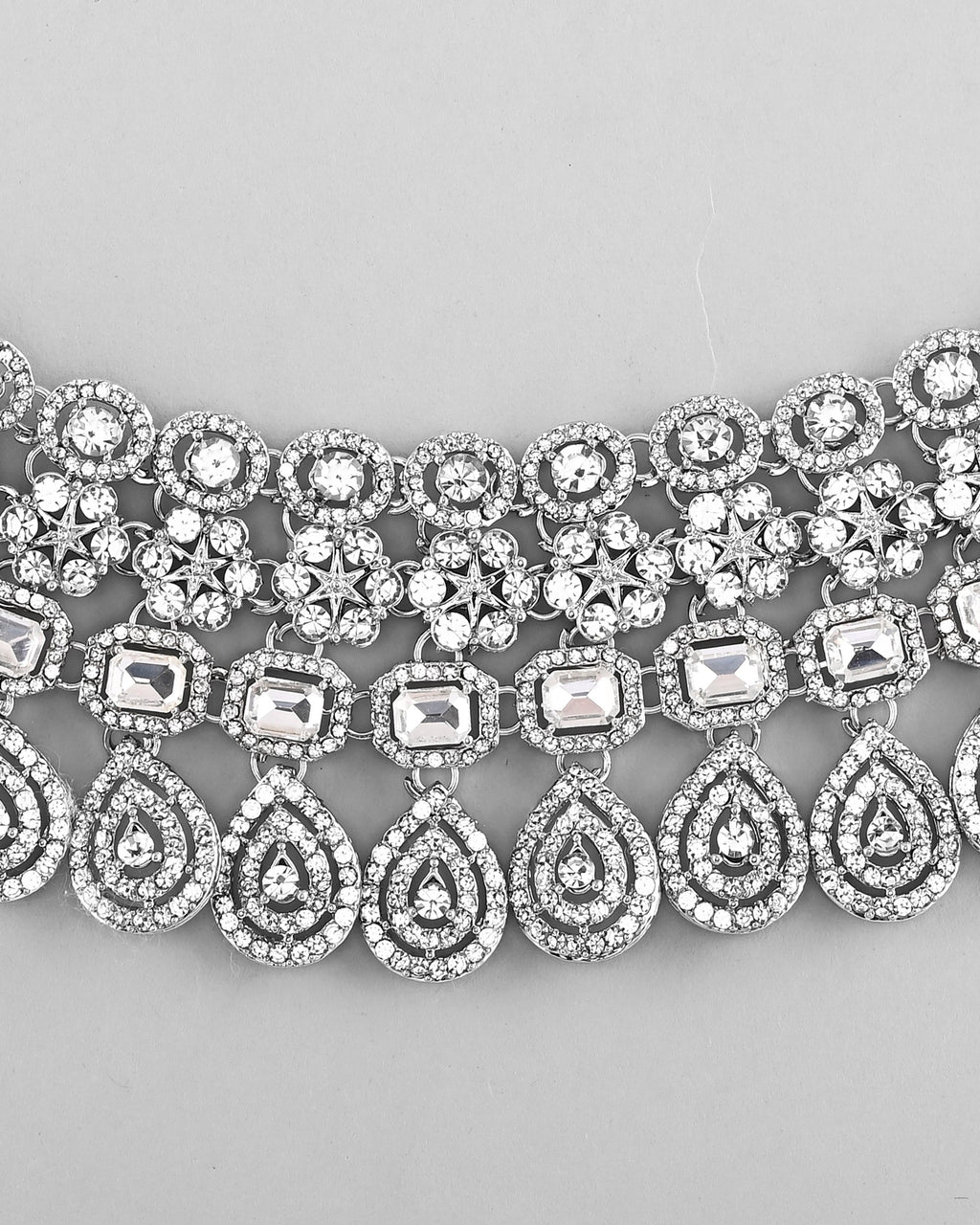 VOJ Silver Plated AD Studded Necklace With Earrings And Mangtikka Set
