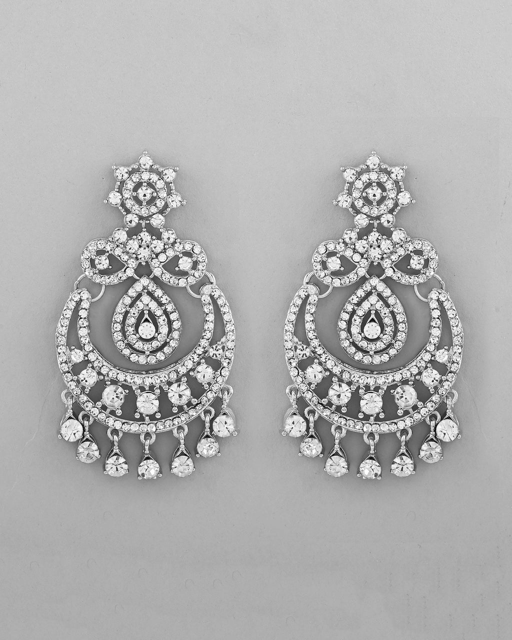 VOJ Silver Plated AD Studded Necklace With Earrings And Mangtikka Set