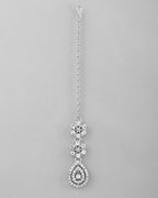 VOJ Silver Plated AD Studded Necklace With Earrings And Mangtikka Set