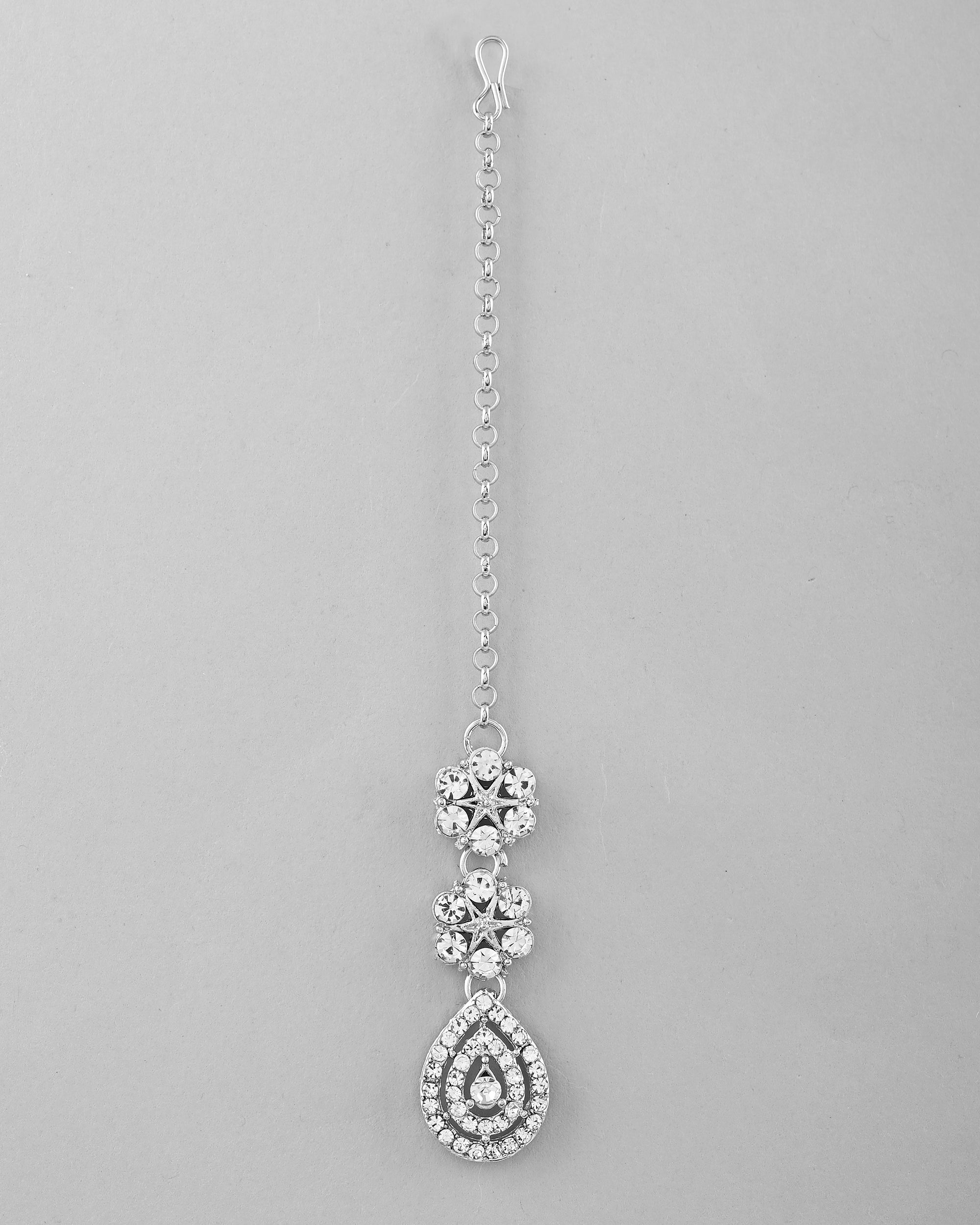 VOJ Silver Plated AD Studded Necklace With Earrings And Mangtikka Set