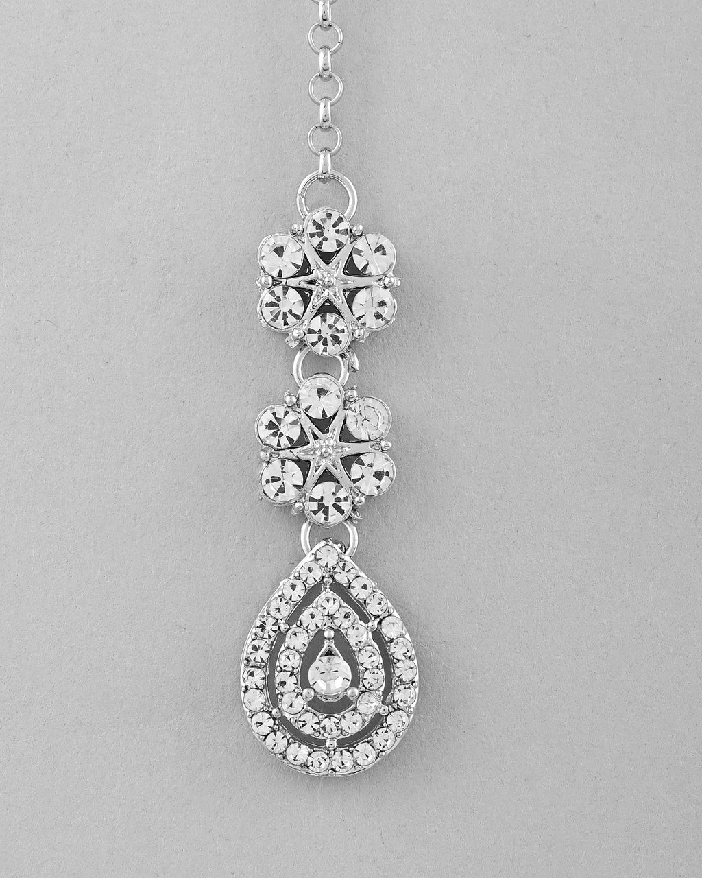 VOJ Silver Plated AD Studded Necklace With Earrings And Mangtikka Set