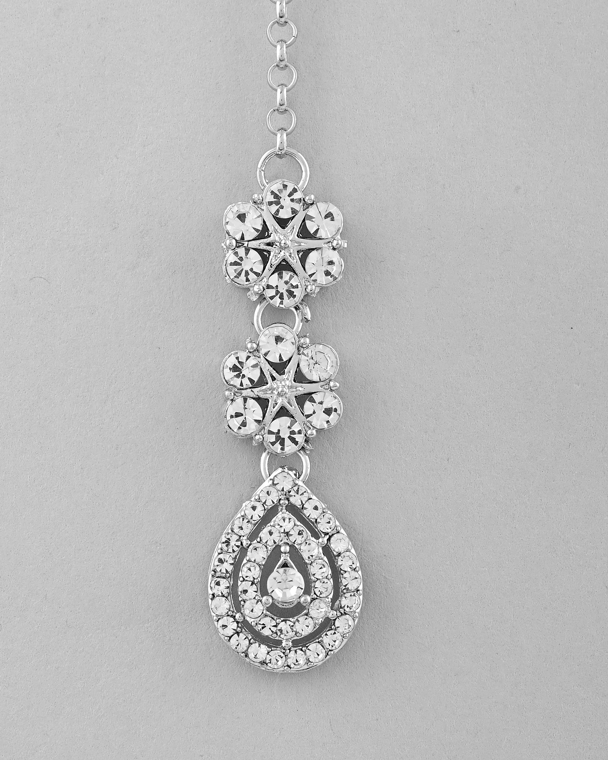 VOJ Silver Plated AD Studded Necklace With Earrings And Mangtikka Set