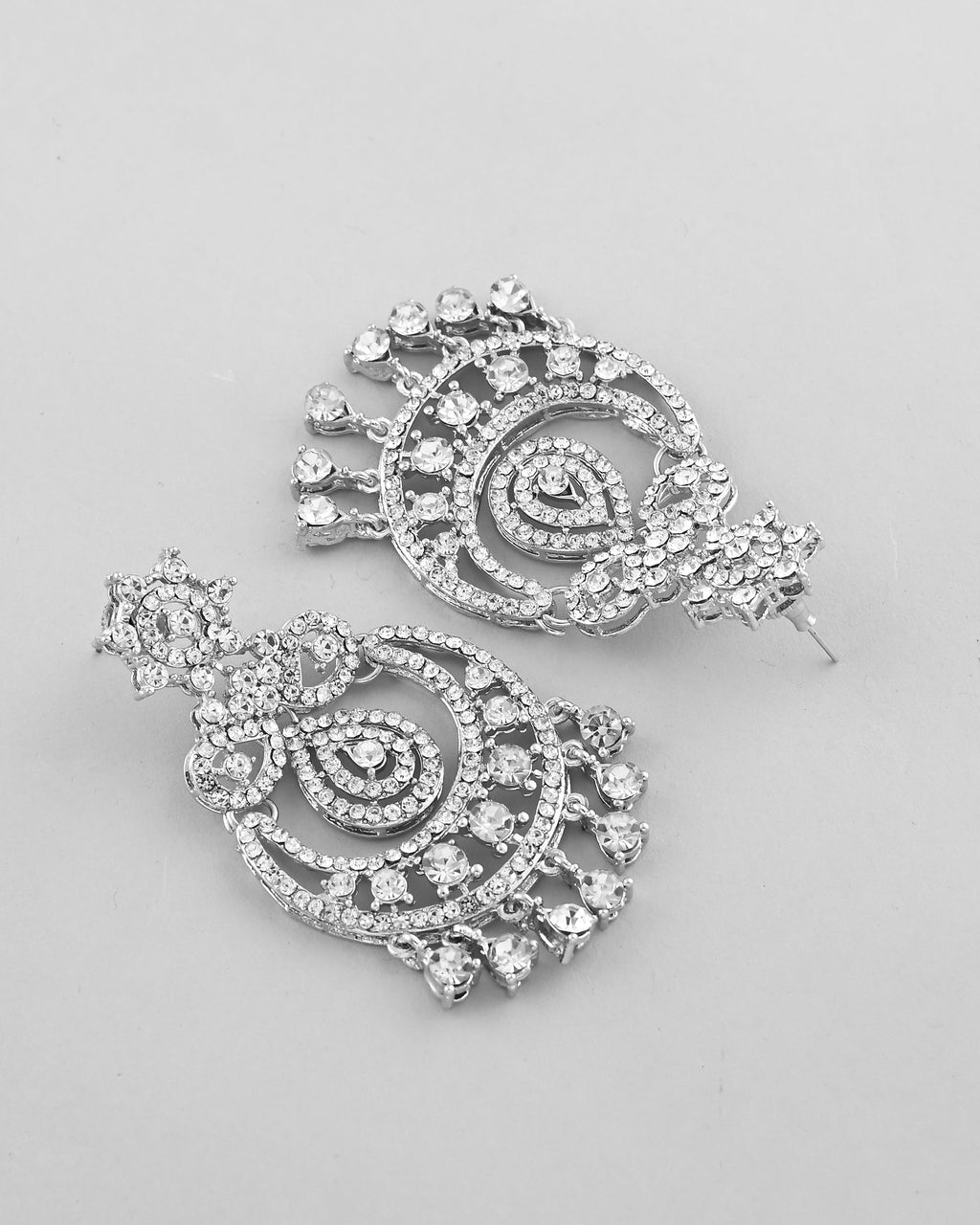 VOJ Silver Plated AD Studded Necklace With Earrings And Mangtikka Set