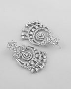 VOJ Silver Plated AD Studded Necklace With Earrings And Mangtikka Set