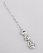 VOJ Silver Plated AD Studded Necklace With Earrings And Mangtikka Set