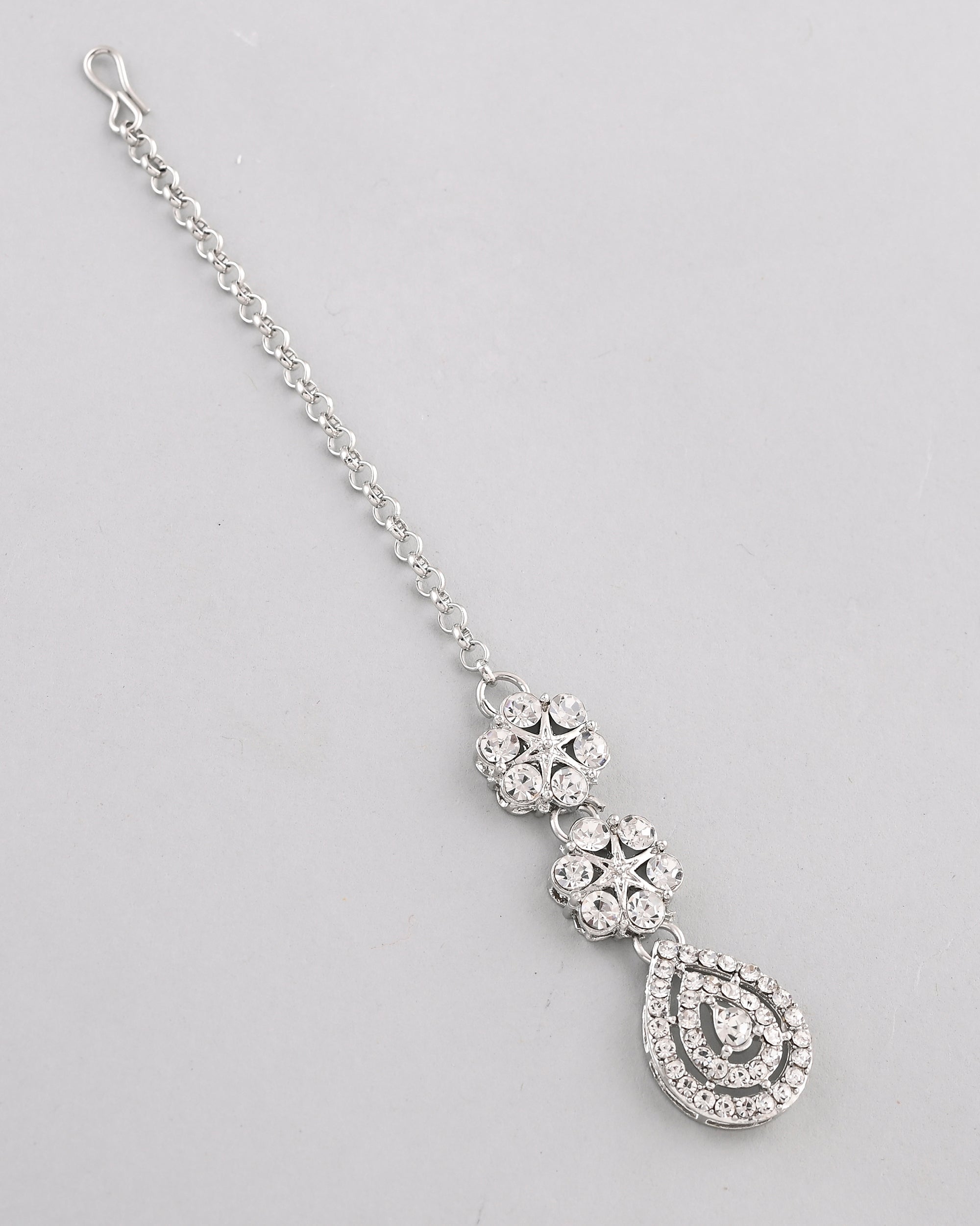 VOJ Silver Plated AD Studded Necklace With Earrings And Mangtikka Set