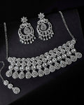 VOJ Silver Plated AD Studded Necklace With Earrings And Mangtikka Set