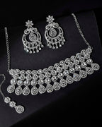 VOJ Silver Plated AD Studded Necklace With Earrings And Mangtikka Set
