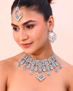 VOJ Silver Plated Designer AD Studded Necklace With Earrings And Mangtikka