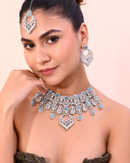 VOJ Silver Plated Designer AD Studded Necklace With Earrings And Mangtikka