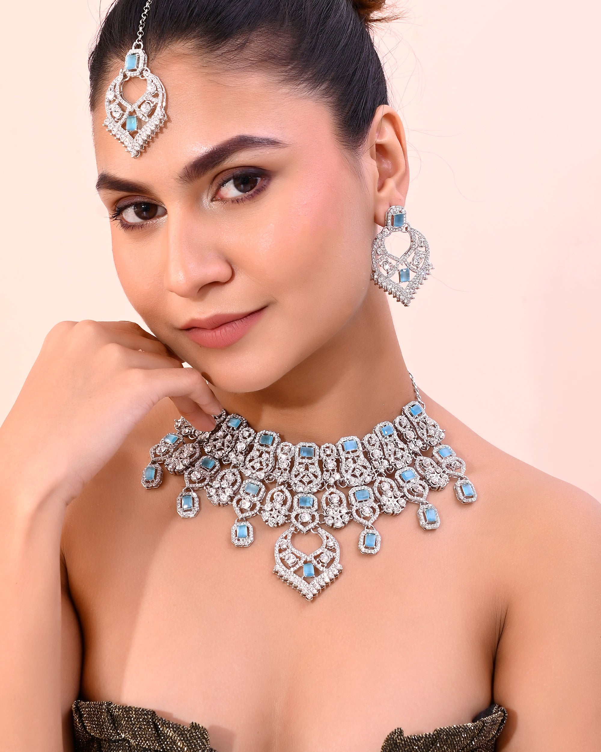 VOJ Silver Plated Designer AD Studded Necklace With Earrings And Mangtikka