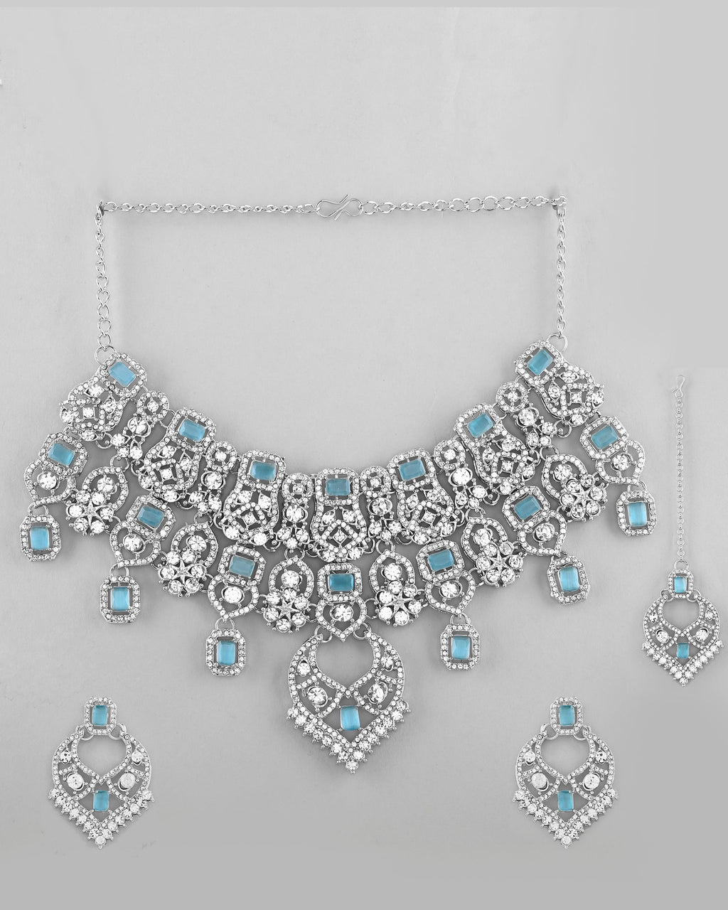 VOJ Silver Plated Designer AD Studded Necklace With Earrings And Mangtikka