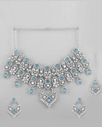 VOJ Silver Plated Designer AD Studded Necklace With Earrings And Mangtikka