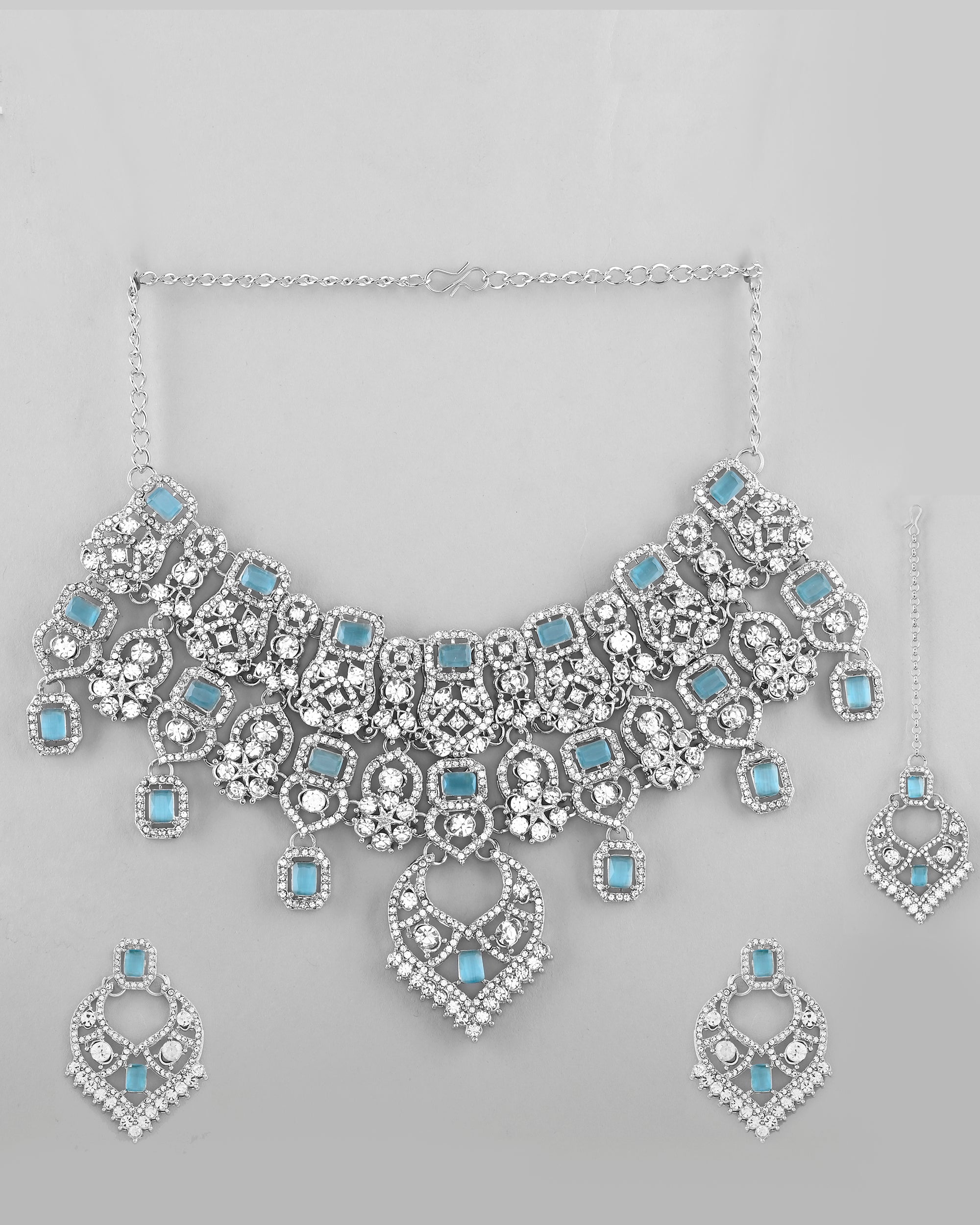 VOJ Silver Plated Designer AD Studded Necklace With Earrings And Mangtikka