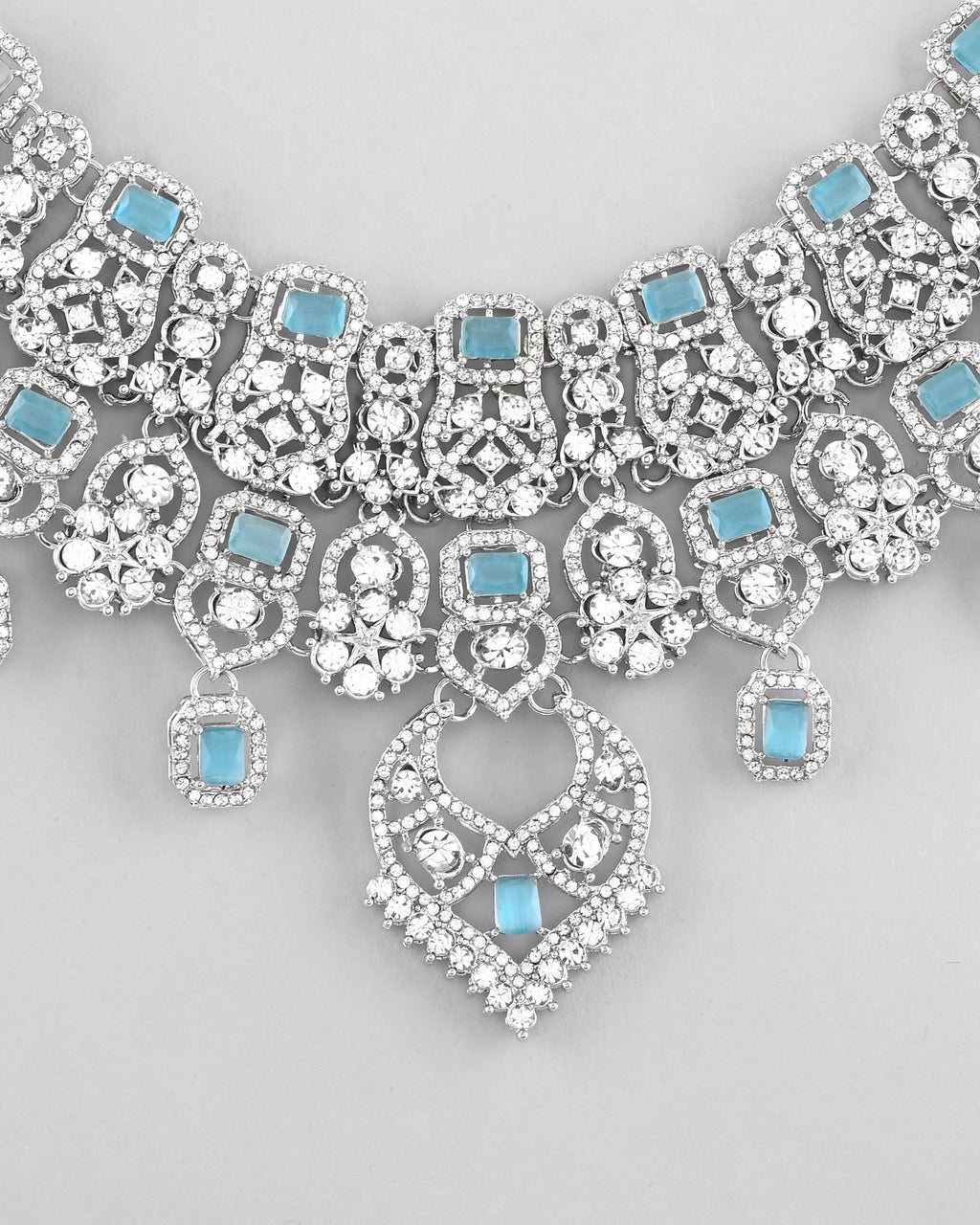 VOJ Silver Plated Designer AD Studded Necklace With Earrings And Mangtikka