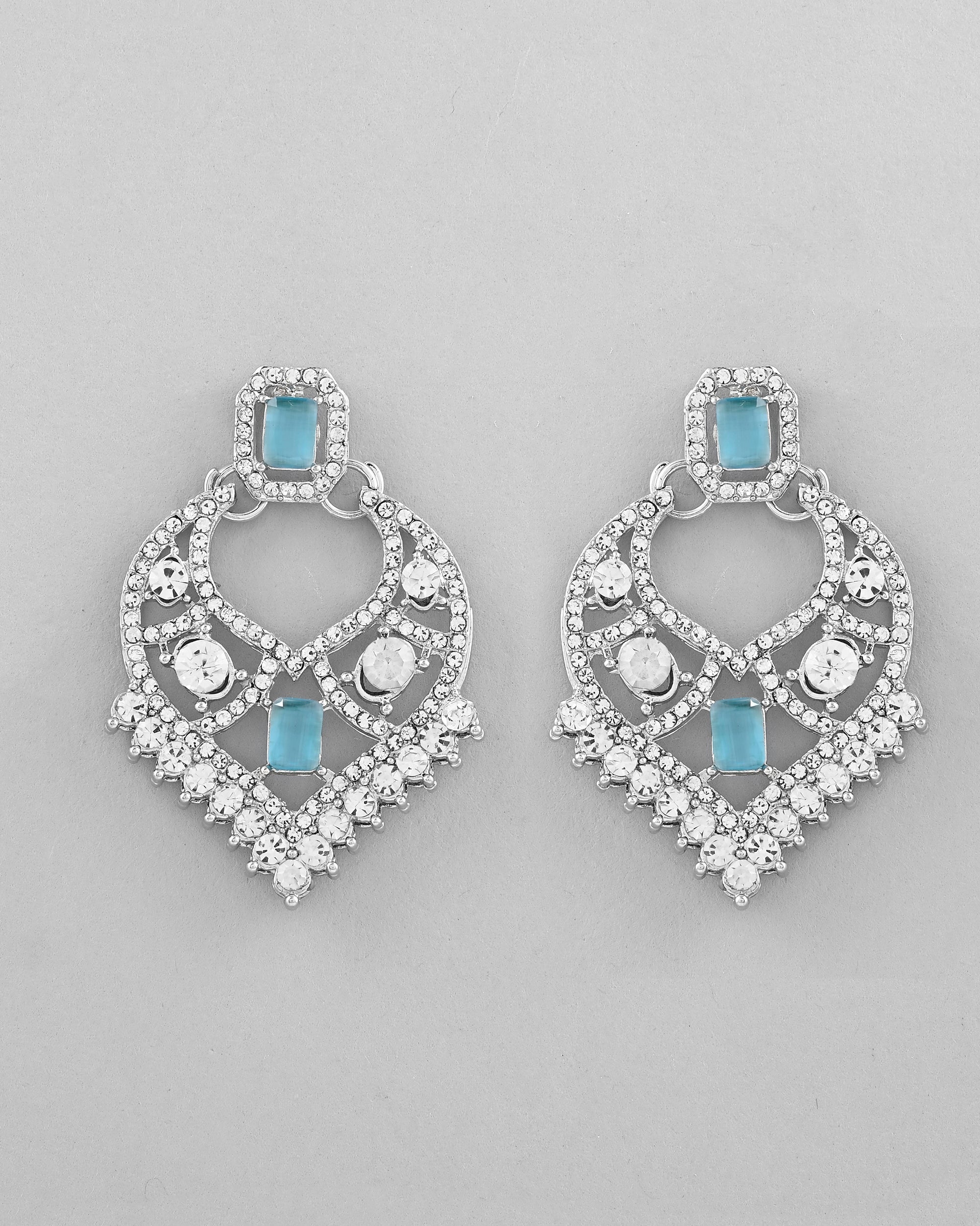 VOJ Silver Plated Designer AD Studded Necklace With Earrings And Mangtikka