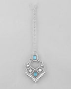 VOJ Silver Plated Designer AD Studded Necklace With Earrings And Mangtikka