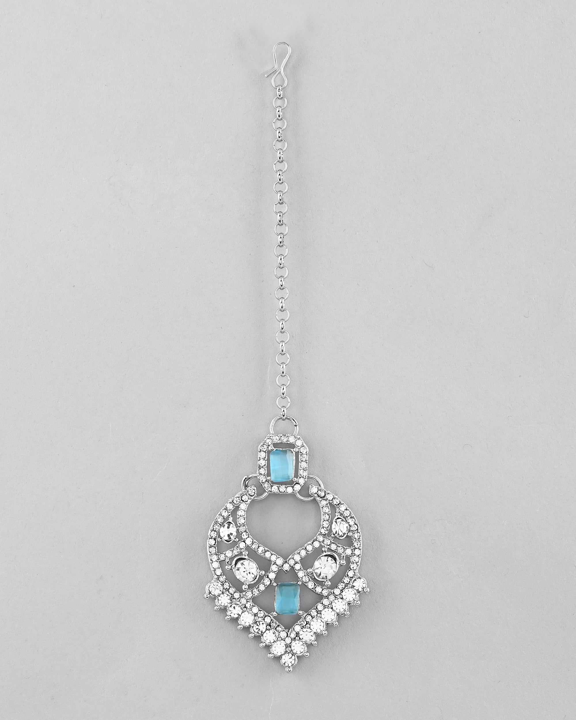 VOJ Silver Plated Designer AD Studded Necklace With Earrings And Mangtikka