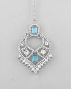 VOJ Silver Plated Designer AD Studded Necklace With Earrings And Mangtikka