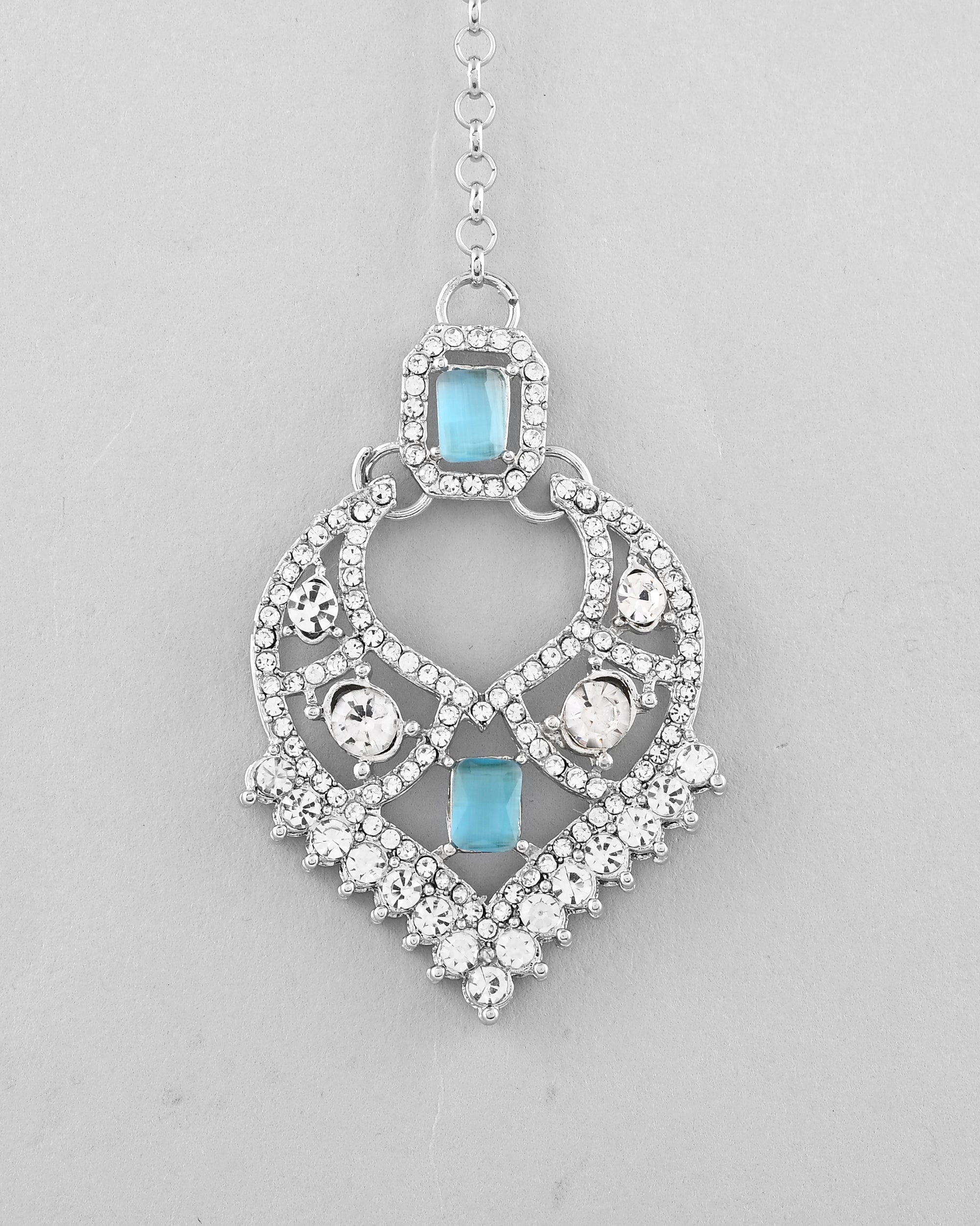 VOJ Silver Plated Designer AD Studded Necklace With Earrings And Mangtikka