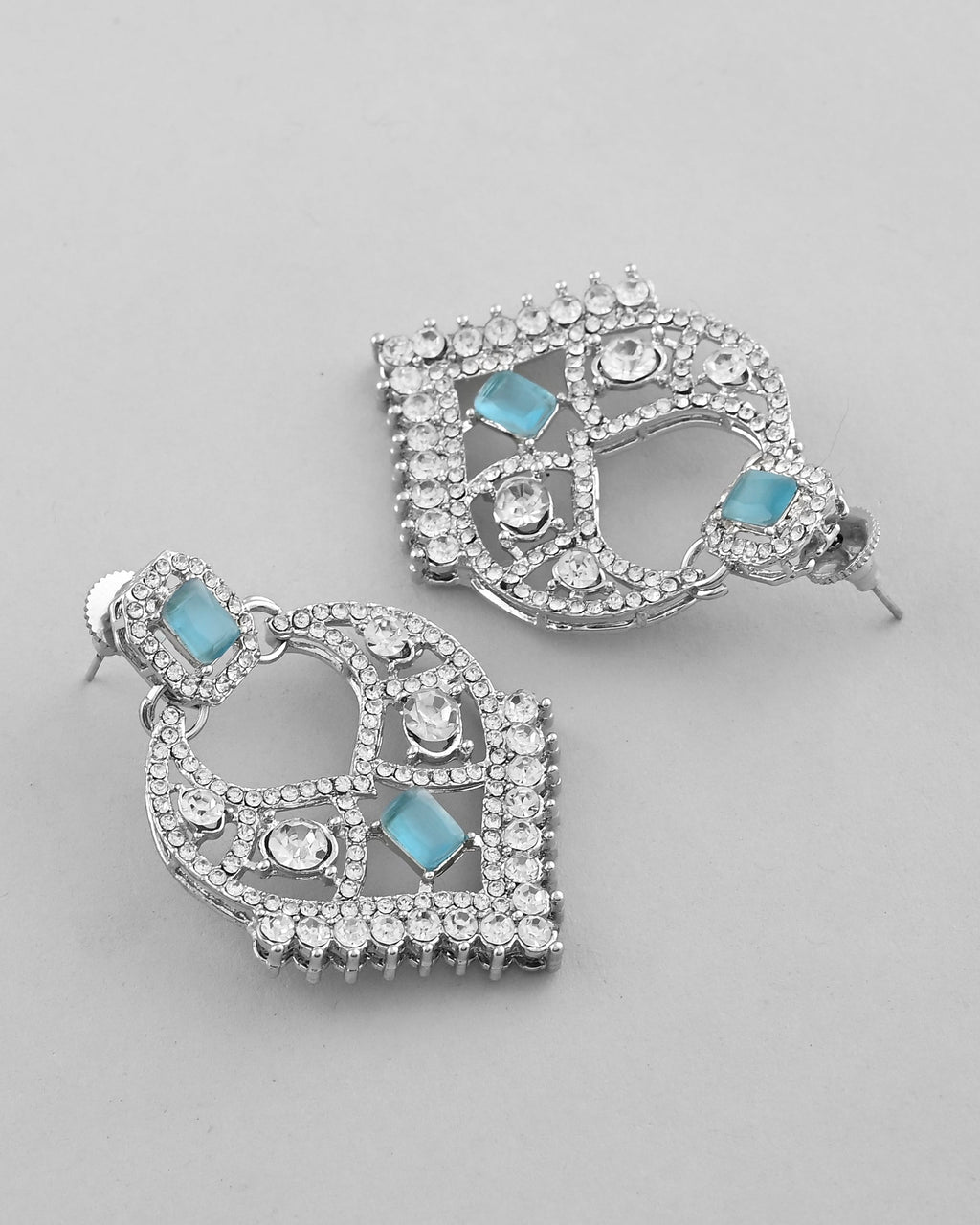 VOJ Silver Plated Designer AD Studded Necklace With Earrings And Mangtikka