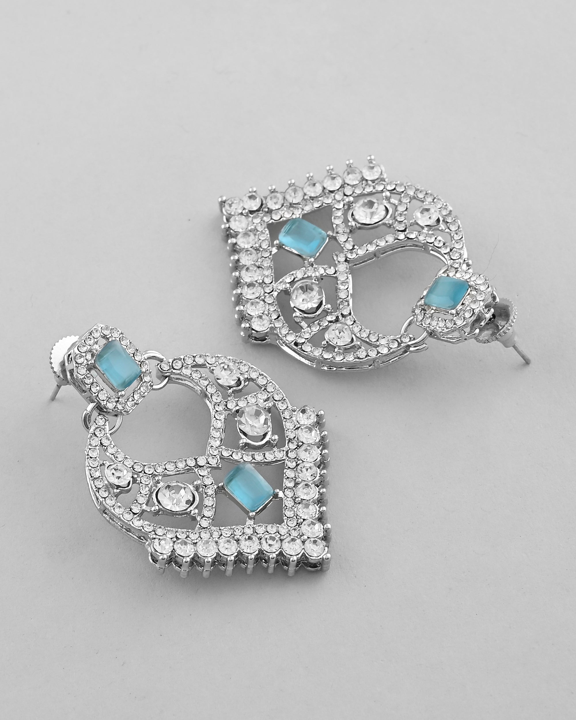VOJ Silver Plated Designer AD Studded Necklace With Earrings And Mangtikka