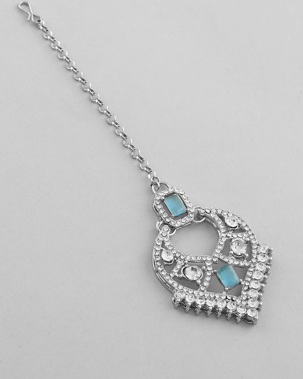 VOJ Silver Plated Designer AD Studded Necklace With Earrings And Mangtikka