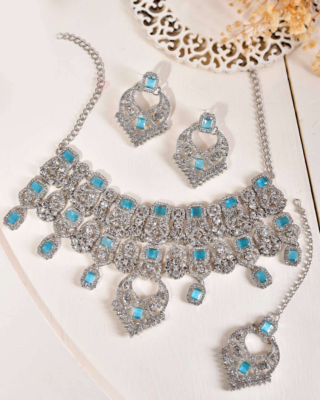 VOJ Silver Plated Designer AD Studded Necklace With Earrings And Mangtikka