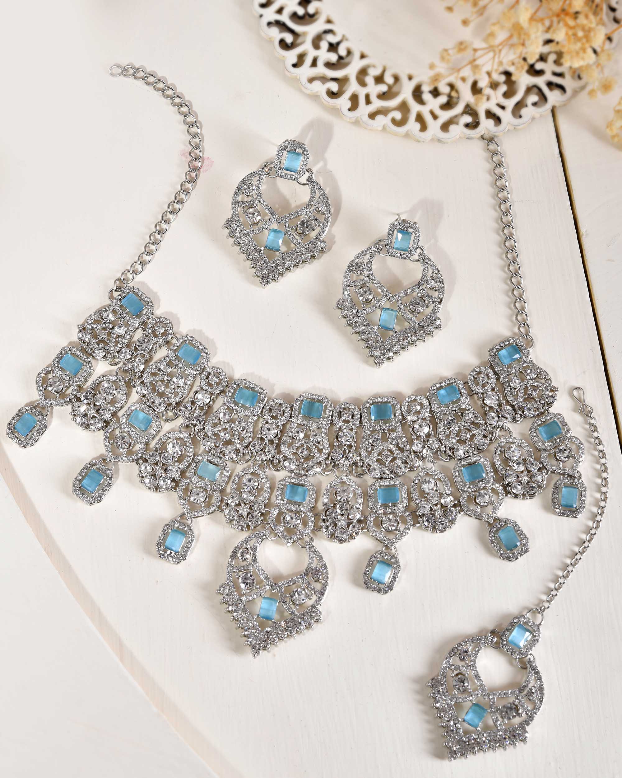 VOJ Silver Plated Designer AD Studded Necklace With Earrings And Mangtikka