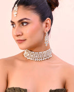 VOJ Silver Plated Stone Studded Designer Necklace With Earrings And Mangtikka