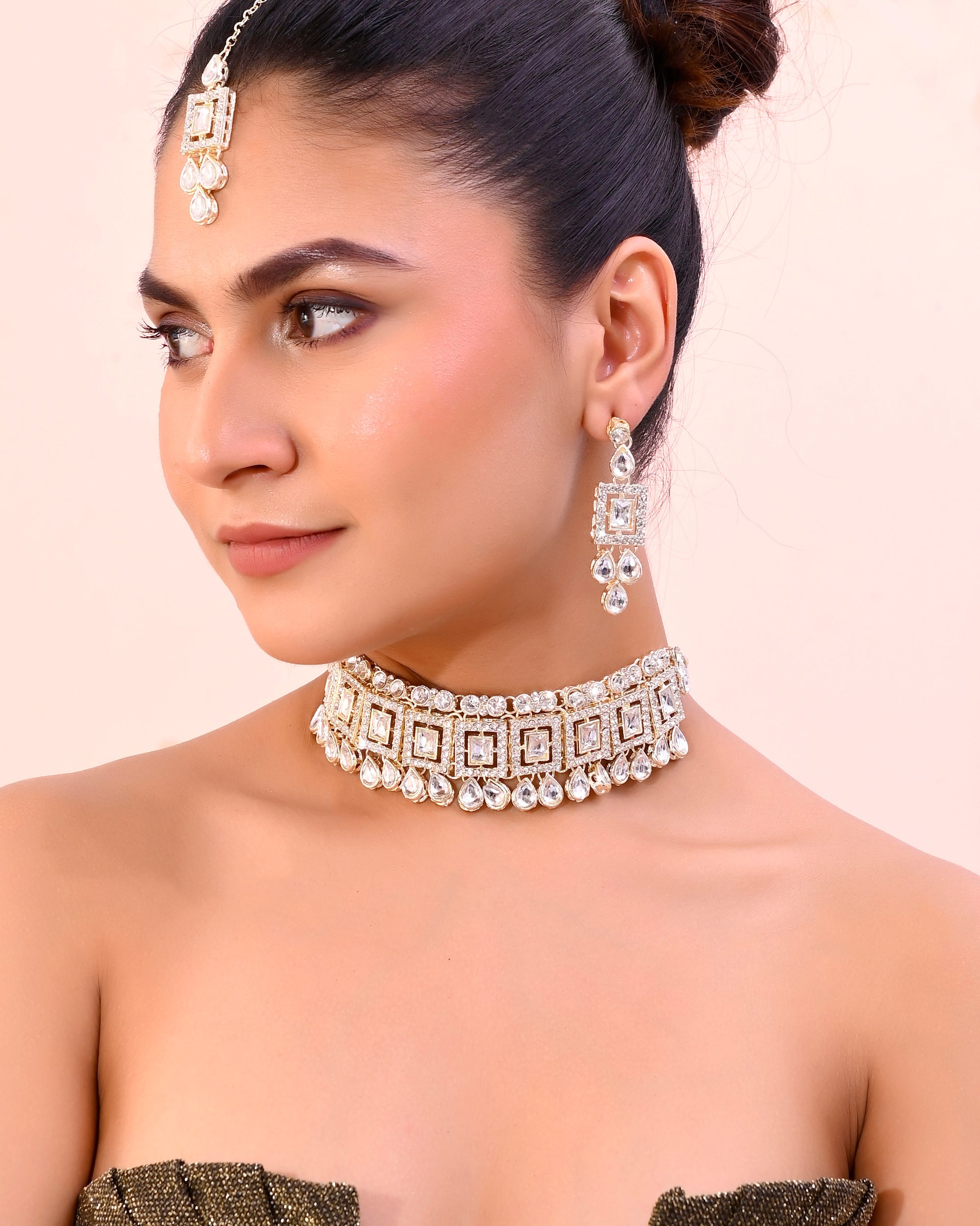 VOJ Silver Plated Stone Studded Designer Necklace With Earrings And Mangtikka