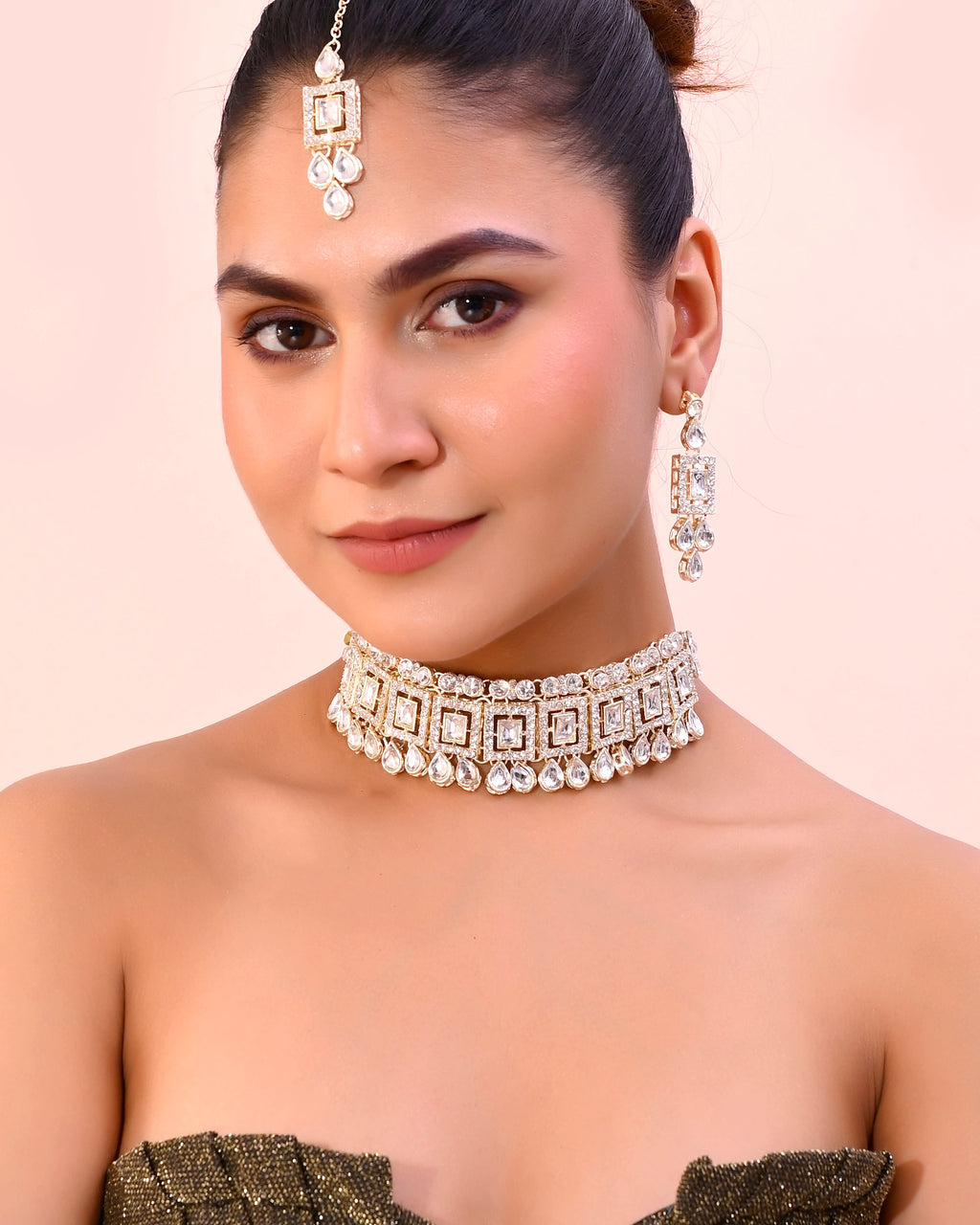 VOJ Silver Plated Stone Studded Designer Necklace With Earrings And Mangtikka