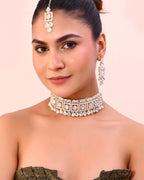VOJ Silver Plated Stone Studded Designer Necklace With Earrings And Mangtikka