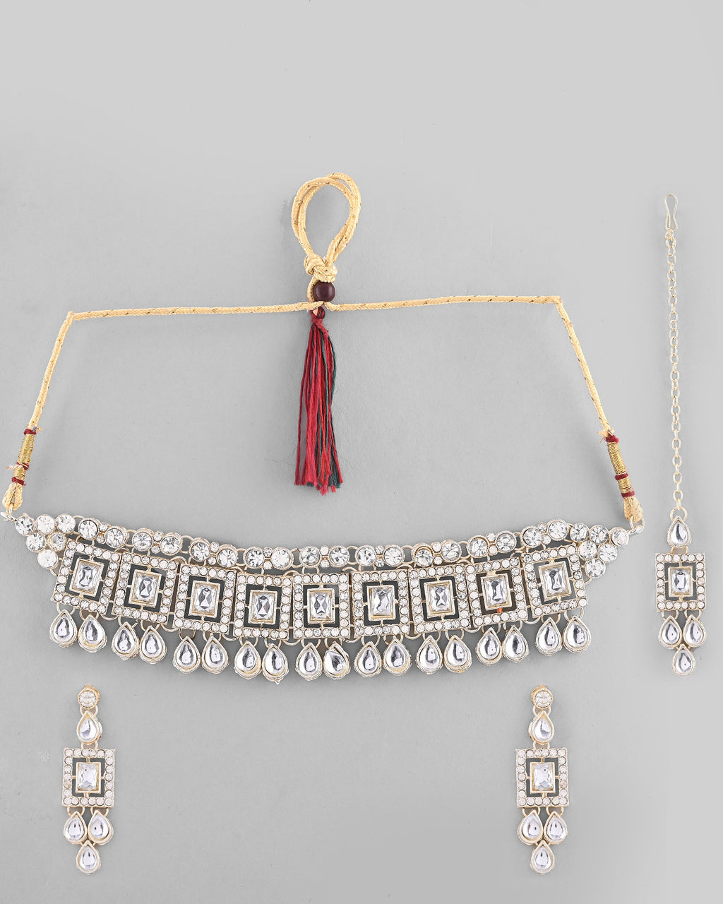 VOJ Silver Plated Stone Studded Designer Necklace With Earrings And Mangtikka
