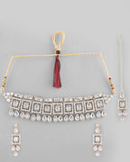 VOJ Silver Plated Stone Studded Designer Necklace With Earrings And Mangtikka