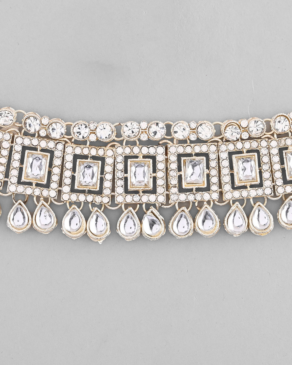 VOJ Silver Plated Stone Studded Designer Necklace With Earrings And Mangtikka
