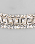 VOJ Silver Plated Stone Studded Designer Necklace With Earrings And Mangtikka