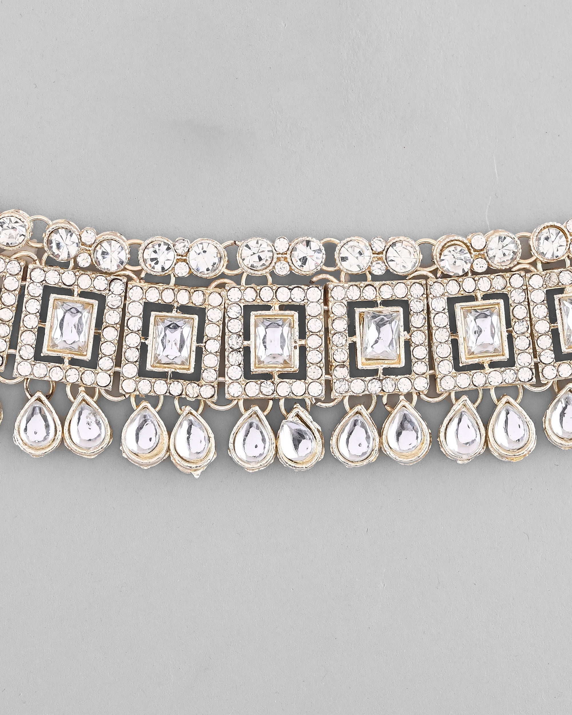 VOJ Silver Plated Stone Studded Designer Necklace With Earrings And Mangtikka