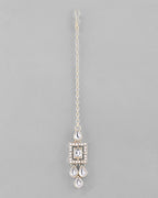 VOJ Silver Plated Stone Studded Designer Necklace With Earrings And Mangtikka