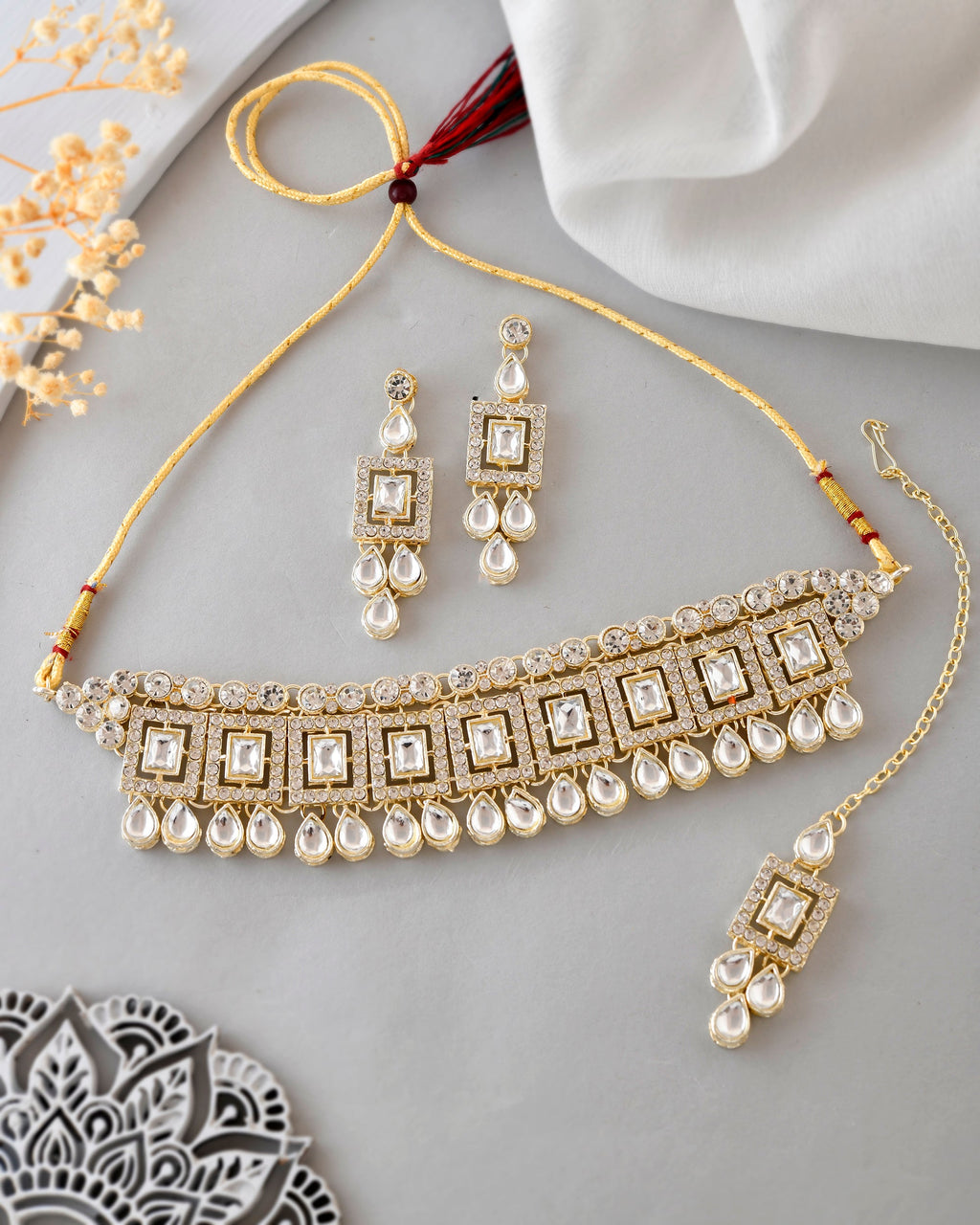 VOJ Silver Plated Stone Studded Designer Necklace With Earrings And Mangtikka