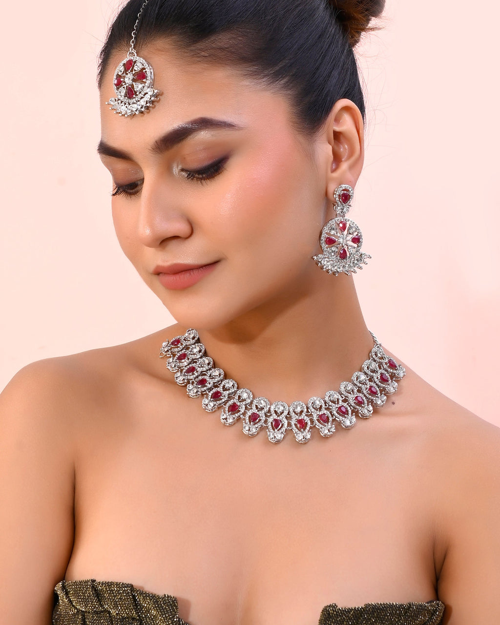 VOJ Silver Plated Pink AD Stone Studded Designer Jewellery Set With Mangtikka