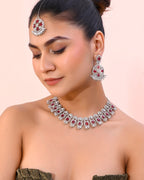 VOJ Silver Plated Pink AD Stone Studded Designer Jewellery Set With Mangtikka