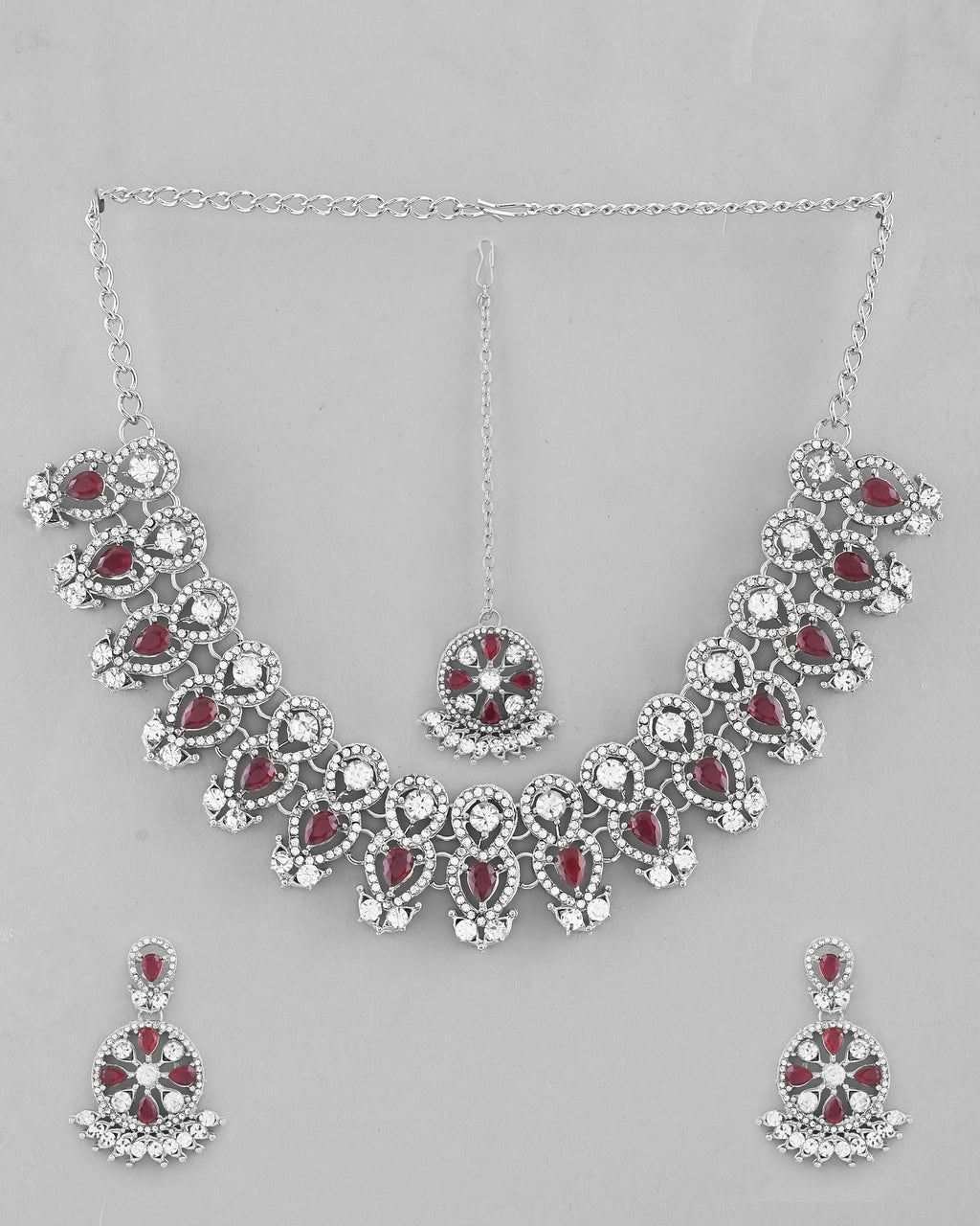 VOJ Silver Plated Pink AD Stone Studded Designer Jewellery Set With Mangtikka