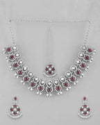 VOJ Silver Plated Pink AD Stone Studded Designer Jewellery Set With Mangtikka