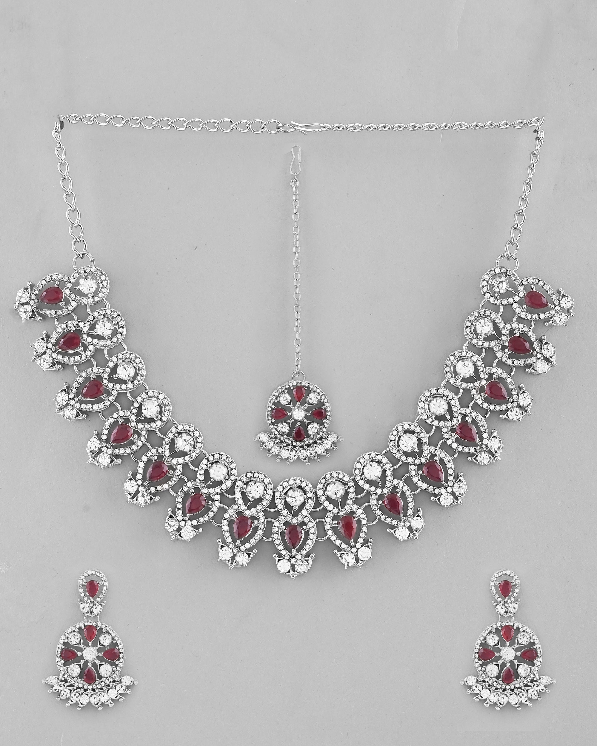 VOJ Silver Plated Pink AD Stone Studded Designer Jewellery Set With Mangtikka