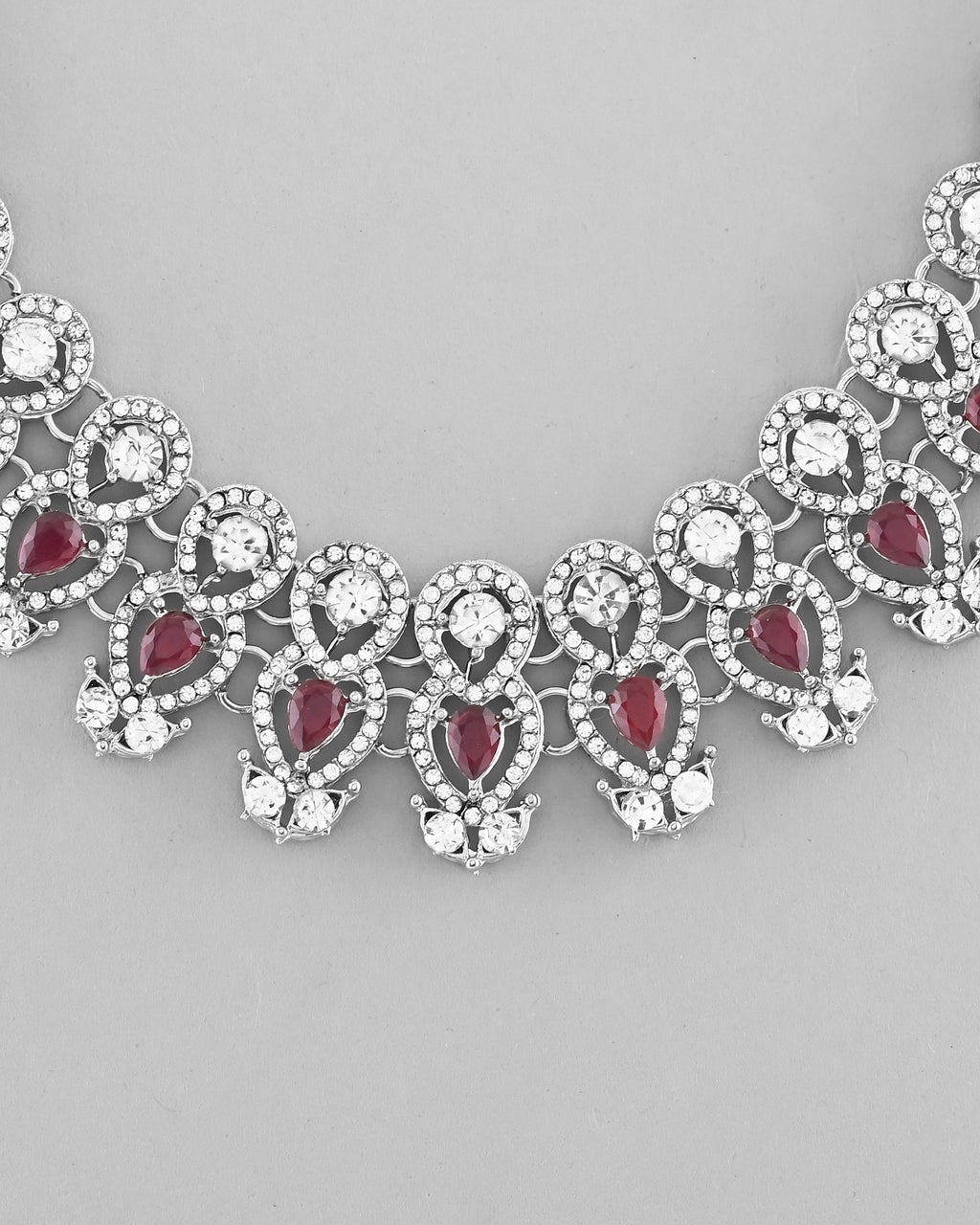VOJ Silver Plated Pink AD Stone Studded Designer Jewellery Set With Mangtikka