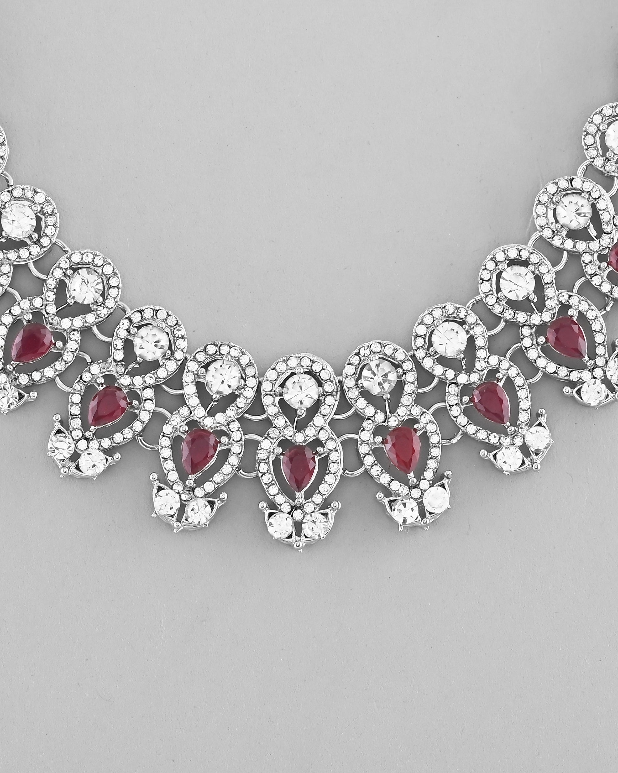 VOJ Silver Plated Pink AD Stone Studded Designer Jewellery Set With Mangtikka