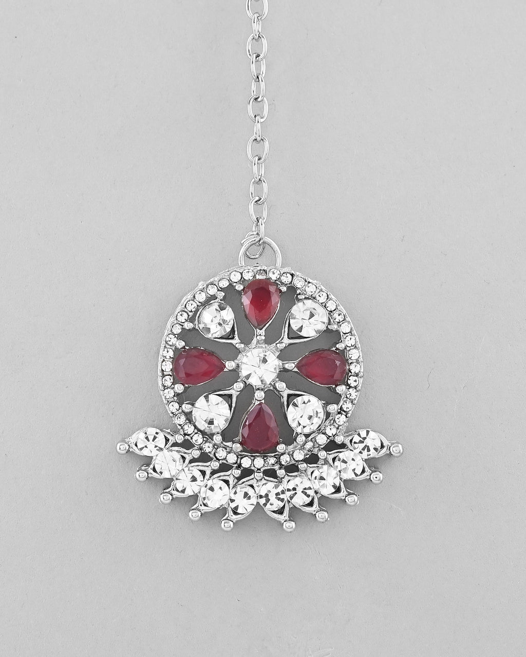 VOJ Silver Plated Pink AD Stone Studded Designer Jewellery Set With Mangtikka