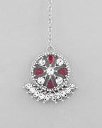 VOJ Silver Plated Pink AD Stone Studded Designer Jewellery Set With Mangtikka
